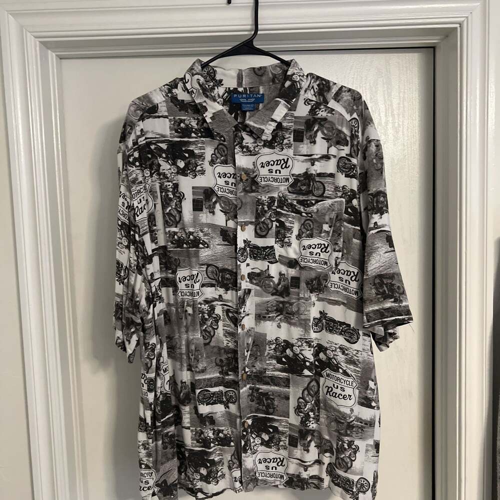 Puritan Motorcycle US Racer Button Up Black White Camp Shirt